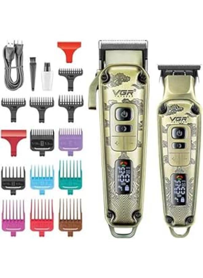 V-643 Ultra Premium Metal Housing Hair Clipper Trimmer Set Powder Metallurgic Blade Digital Display 5500-7000 RPM 4 Speed motor auto testing button 12 Guide Comb Clipper T-cutter 0 Gapped Trimmer