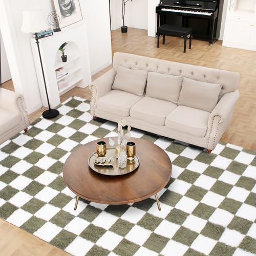 TOOHUB Super Soft Rug for Bedroom, 5x7 Ft Green and White Area Rug Classic Checkered Shaggy Anti-Skid High Pile Soft Fluffy Rug Fuzzy Carpet for Living Room Bedroom Kids Room Nursery, Dorm Home Decor - Image 2