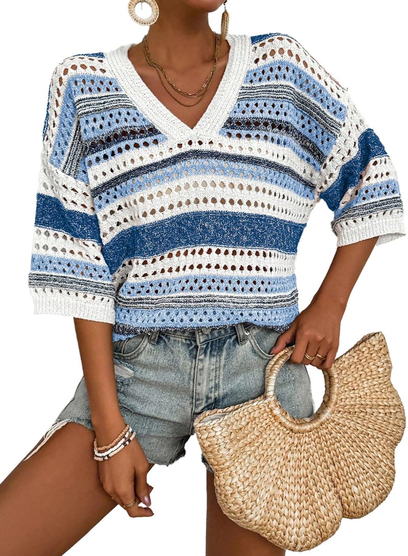 Acelitt Womens Spring Summer Short Sleeve Crochet Sweater 2026 Fashion Trendy Hollow Out V Neck Striped Knitted Tops Beach Vacation Cruise Outfits Resort Wear Blue Large - Image 1