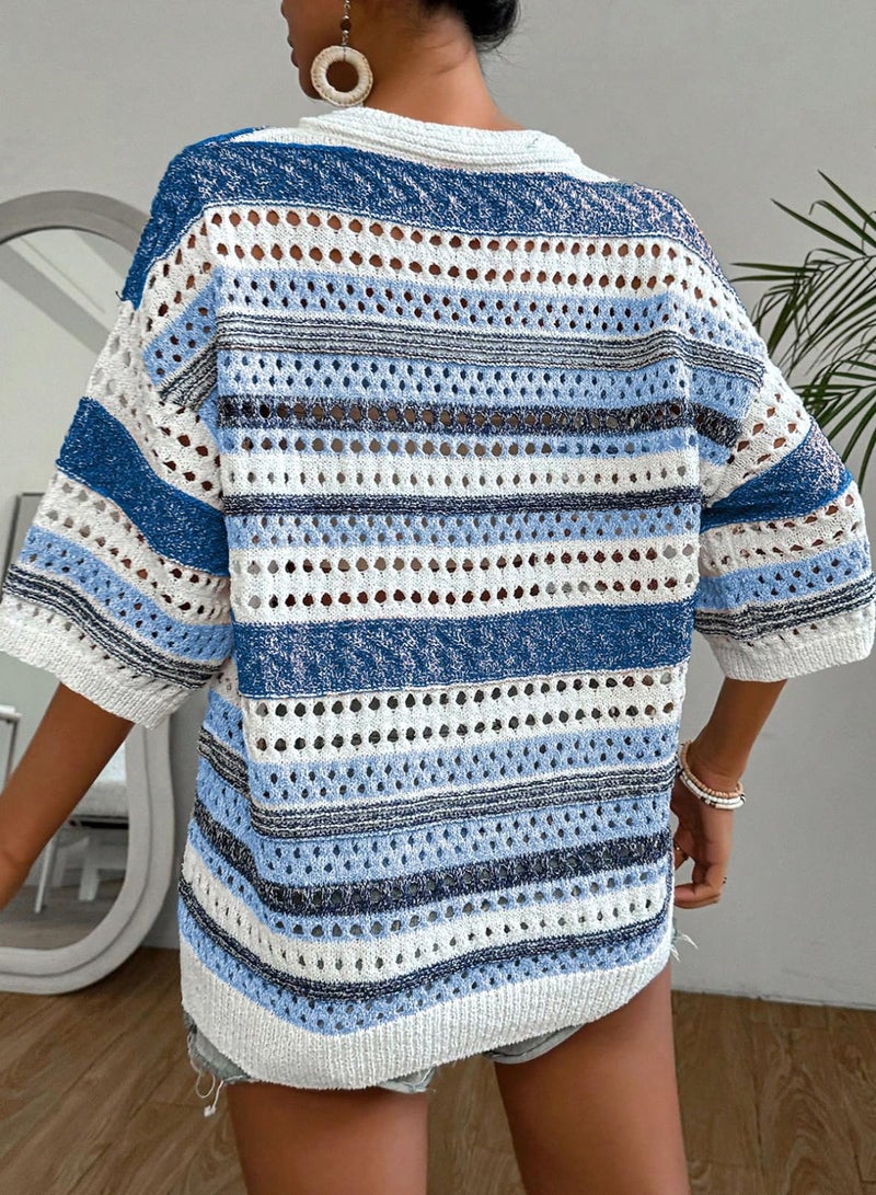Acelitt Womens Spring Summer Short Sleeve Crochet Sweater 2026 Fashion Trendy Hollow Out V Neck Striped Knitted Tops Beach Vacation Cruise Outfits Resort Wear Blue Large - Image 2