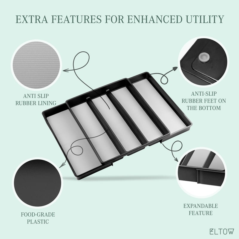 ELTOW Expandable Silverware Drawer Organizer & Utensil Tray Set, Non-Slip Kitchen Drawer Organizers and Storage, Kitchen Organization for Utensils, Cutlery, Office Supplies, Flatware Storage - Black - Image 3