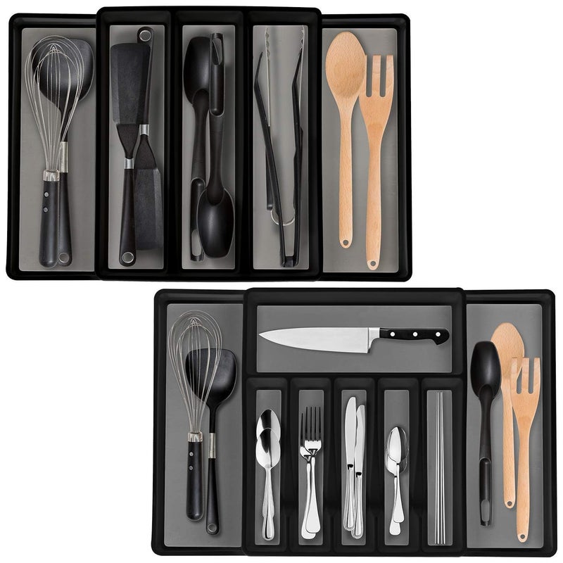 ELTOW Expandable Silverware Drawer Organizer & Utensil Tray Set, Non-Slip Kitchen Drawer Organizers and Storage, Kitchen Organization for Utensils, Cutlery, Office Supplies, Flatware Storage - Black - Image 1