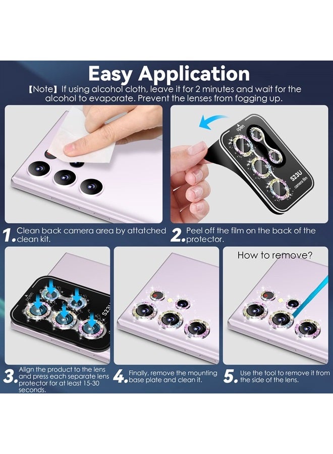 CloudValley [3+2Pcs Camera Lens Protector for Samsung Galaxy S23 Ultra, 9H Tempered Glass + Aluminum Alloy Metal Individual Lens Screen Ring for S23 Ultra 6.8in 5G 2023 - Glitter Colorful  - Image 4