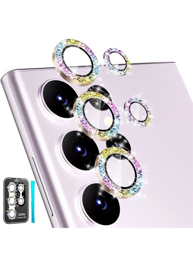 CloudValley [3+2Pcs Camera Lens Protector for Samsung Galaxy S23 Ultra, 9H Tempered Glass + Aluminum Alloy Metal Individual Lens Screen Ring for S23 Ultra 6.8in 5G 2023 - Glitter Colorful  - Image 1
