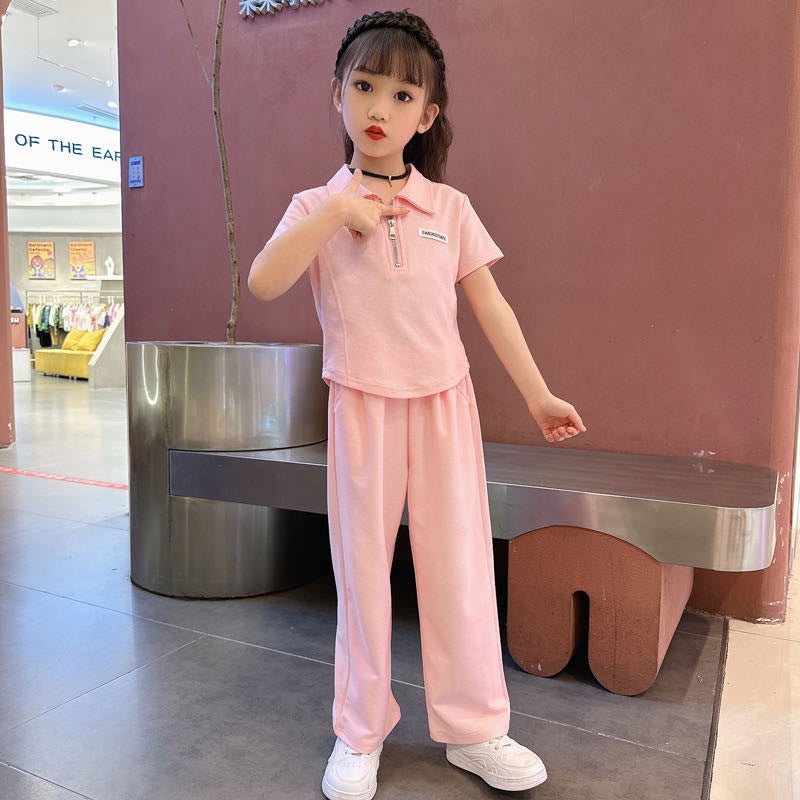 Girls Summer Short Sleeve Collar Top  Wide Leg Pants Set Pink