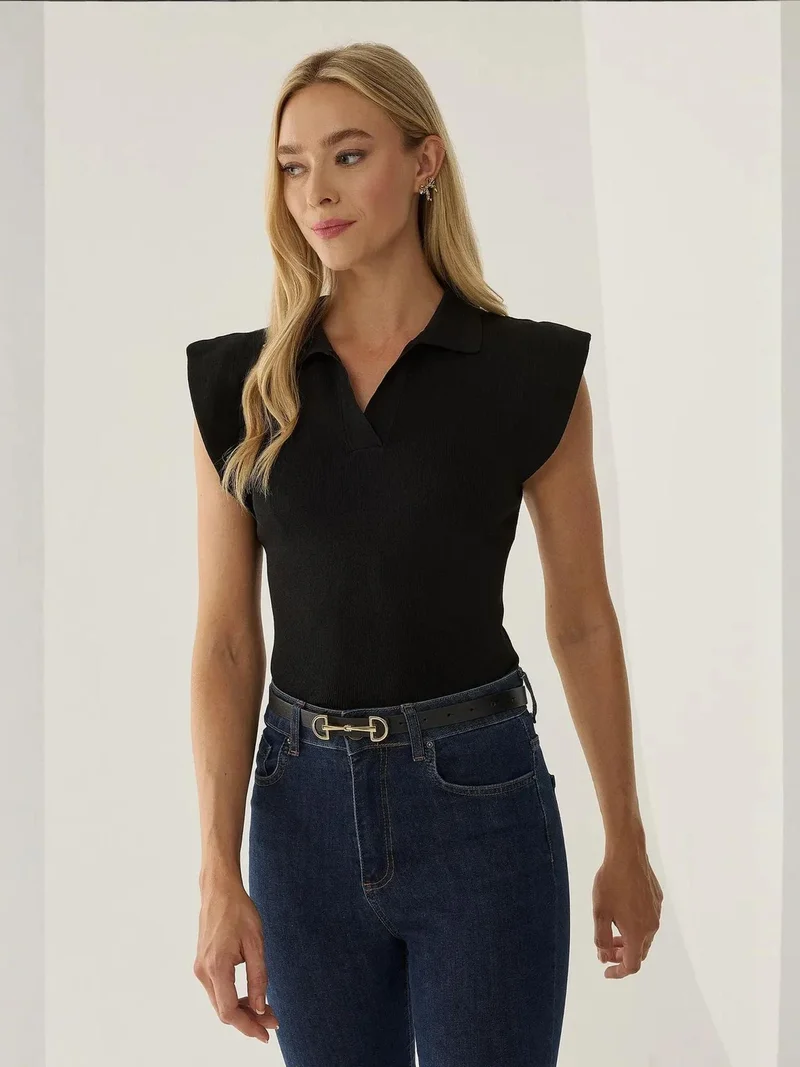 HICCUP Polo Neck Slim Fit Sweater with Shoulder Pads