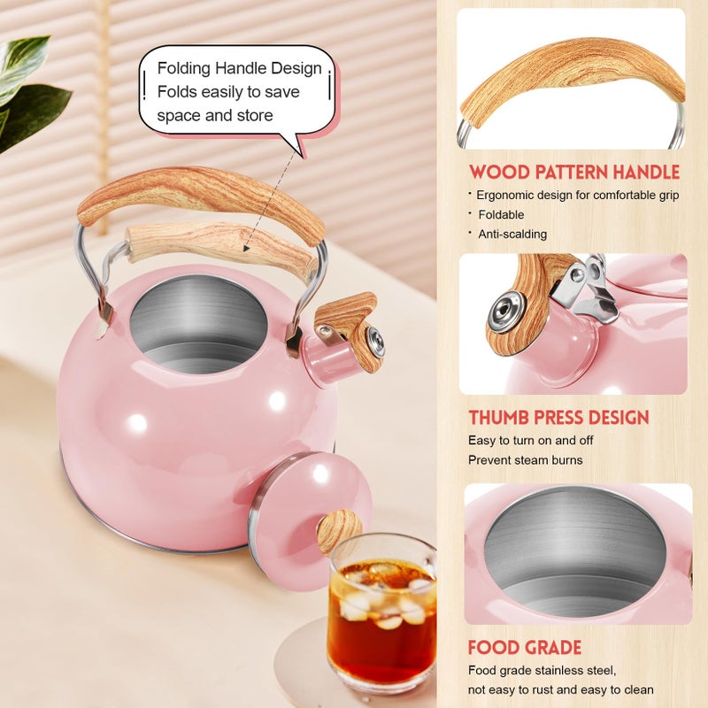 GGC Tea Kettle for Stove Top, 85OZ/2.6QT Whistling Tea Kettles for Boiling Water Milik or Coffee, Pink Stainless Steel Tea Pots with Wood Pattern Folding Handle, Thumb Design Control Kettle Outlet - Image 3