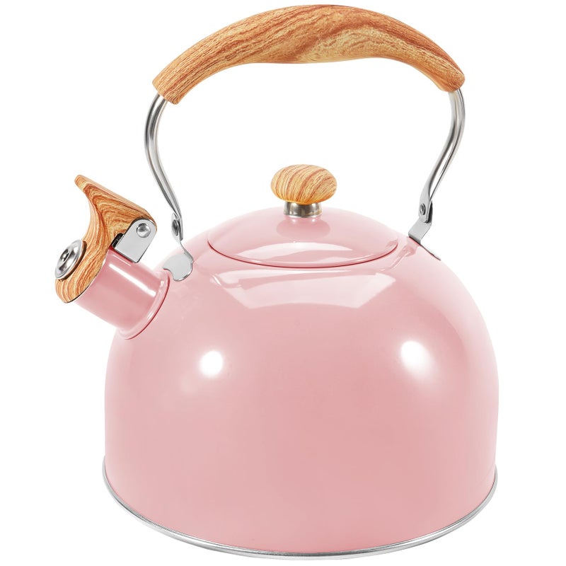 GGC Tea Kettle for Stove Top, 85OZ/2.6QT Whistling Tea Kettles for Boiling Water Milik or Coffee, Pink Stainless Steel Tea Pots with Wood Pattern Folding Handle, Thumb Design Control Kettle Outlet - Image 1