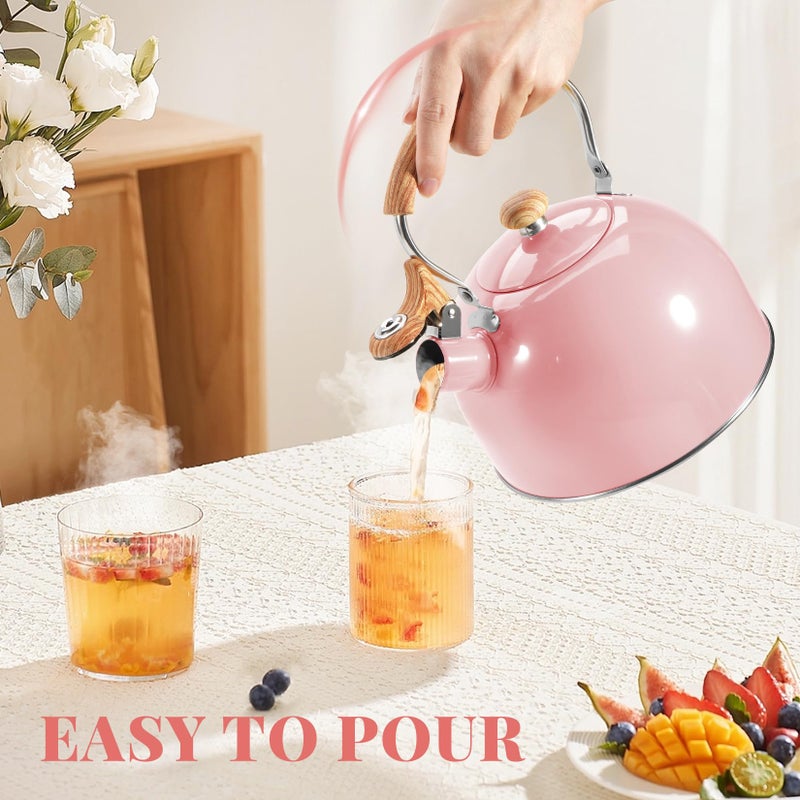 GGC Tea Kettle for Stove Top, 85OZ/2.6QT Whistling Tea Kettles for Boiling Water Milik or Coffee, Pink Stainless Steel Tea Pots with Wood Pattern Folding Handle, Thumb Design Control Kettle Outlet - Image 4