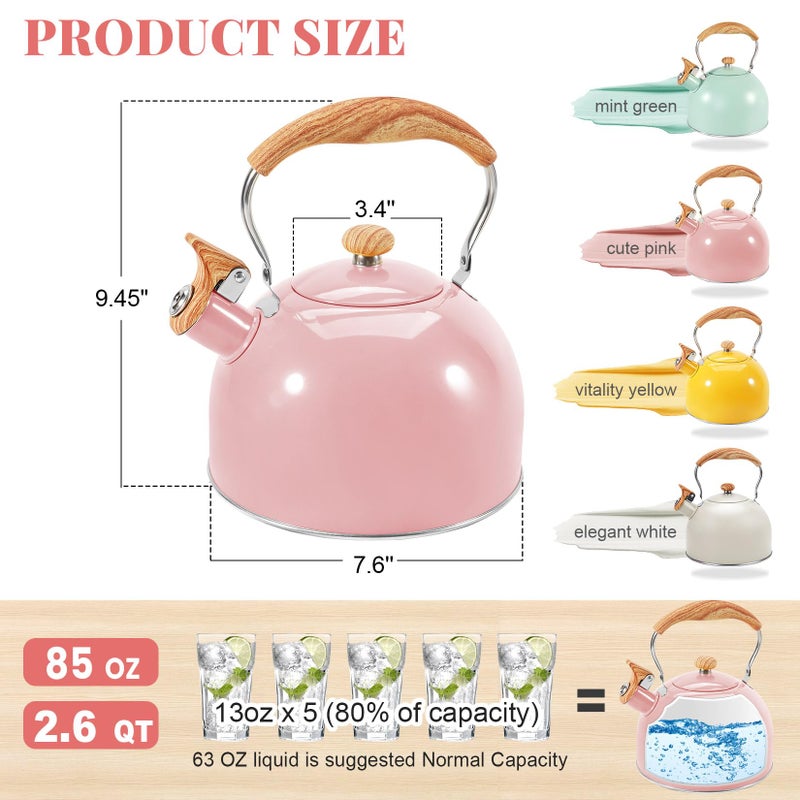 GGC Tea Kettle for Stove Top, 85OZ/2.6QT Whistling Tea Kettles for Boiling Water Milik or Coffee, Pink Stainless Steel Tea Pots with Wood Pattern Folding Handle, Thumb Design Control Kettle Outlet - Image 5