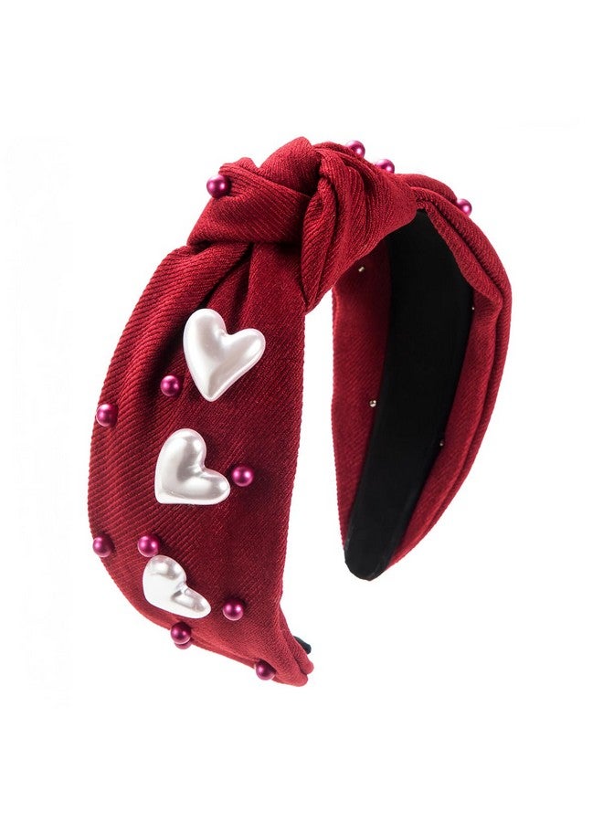Doneace Valentine'S Day Knotted Headband For Women Red Heart Pearl Twisted Hairbands Jeweled Rhinestone Crystal Wide Top Knot Headbands Cute Fashion Valentine’S Day Hair Accessories Holiday Gifts - Image 1