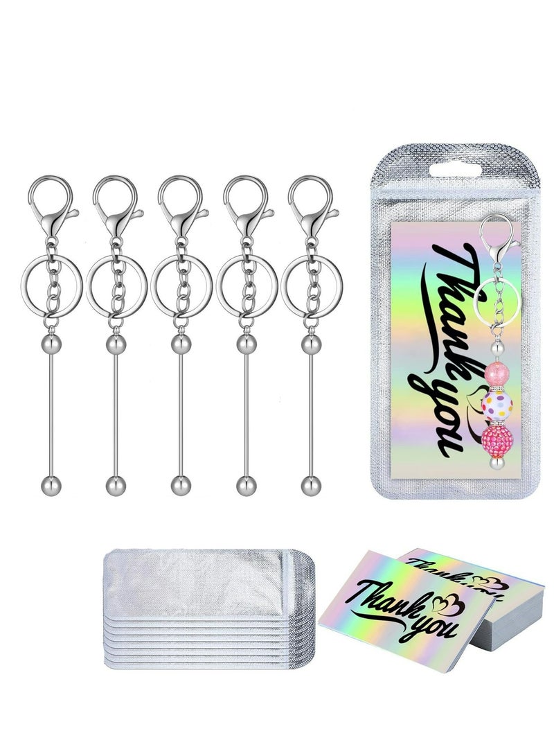 15 Pcs Beadable Keychain Bars Set 5 Beaded Keychain 5 Resealable Pouch Bag 5 Thank You Cards for DIY Craft Making(Silver)  - Image 1