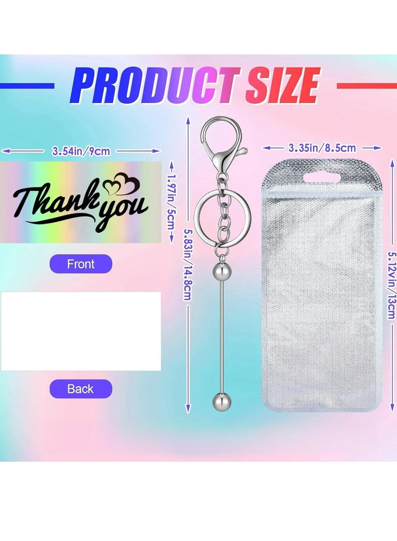 15 Pcs Beadable Keychain Bars Set 5 Beaded Keychain 5 Resealable Pouch Bag 5 Thank You Cards for DIY Craft Making(Silver)  - Image 2