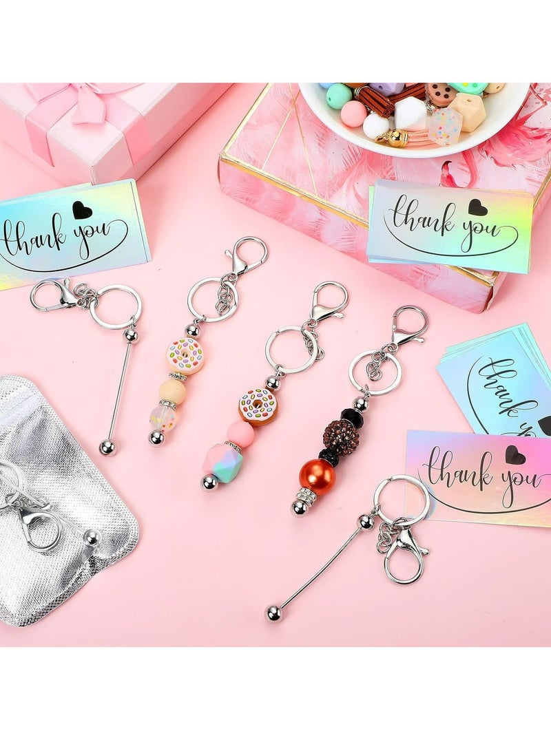 15 Pcs Beadable Keychain Bars Set 5 Beaded Keychain 5 Resealable Pouch Bag 5 Thank You Cards for DIY Craft Making(Silver)  - Image 5