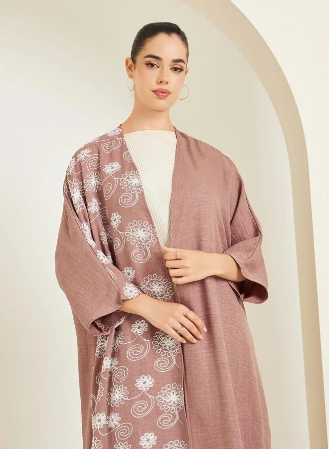 Amirah Women Brown Embroidered Batwing Sleeve Abaya