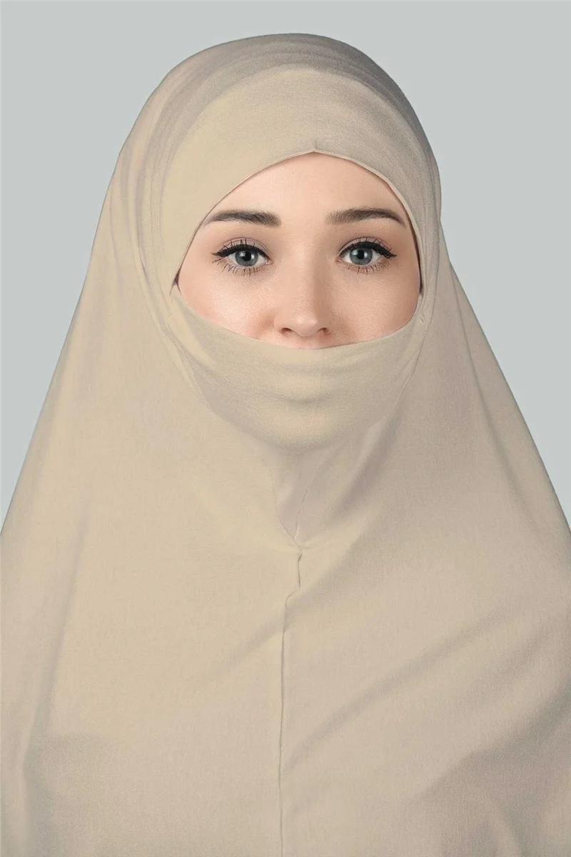 Altobeh Ready-made Turban Practical Scarf with Veil Hijab with Nikap - Prayer Cover Soufflé (3Xl) - Sand Beige