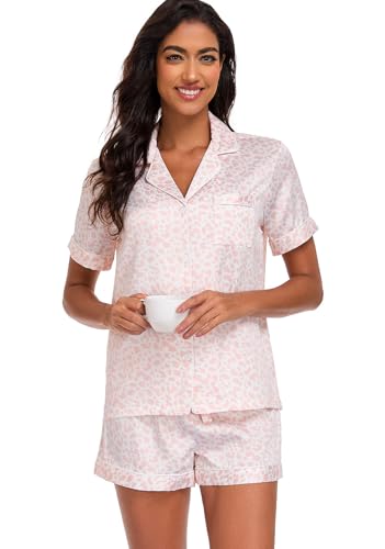 Serenedelicacy Women's Satin Pajama Set 2-Piece Sleepwear Loungewear Button Down Short Sleeve Silky PJ Set (X-Large, Blush, Leopard) - Image 3