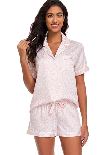 Serenedelicacy Women's Satin Pajama Set 2-Piece Sleepwear Loungewear Button Down Short Sleeve Silky PJ Set (X-Large, Blush, Leopard) - Image 1