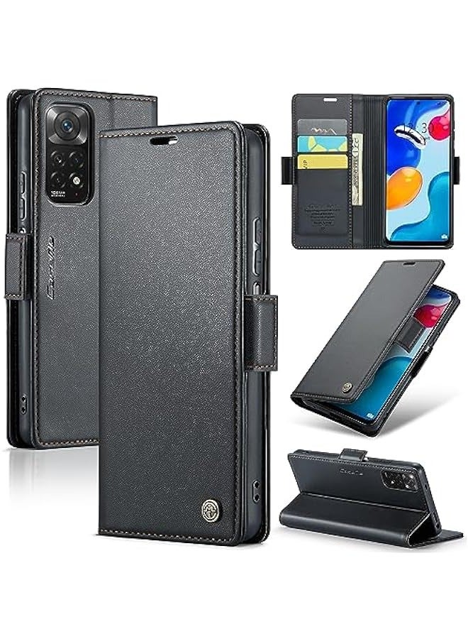 Xiaomi Redmi Note 11S (4G) \/ Note 11 (4G) Leather Flip Case with RFID Blocking, Slim Shockproof Wallet Cover, Kickstand, Cash Slot, Magnetic Closure - Black - Image 1