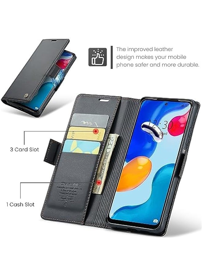Xiaomi Redmi Note 11S (4G) \/ Note 11 (4G) Leather Flip Case with RFID Blocking, Slim Shockproof Wallet Cover, Kickstand, Cash Slot, Magnetic Closure - Black - Image 3