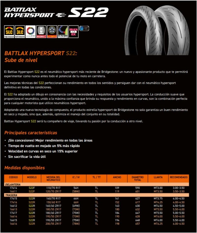 Bridgestone إطار أمامي بريدجستون باتلاكس هايبرسبورت S22 (120/70ZR-17) - Image 4