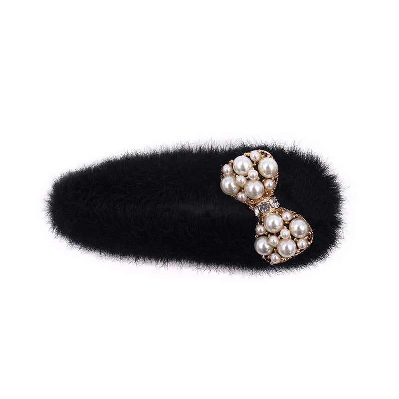 surell Faux Fur Hair Clip with Bling Pearl Bow - Unique Hair Accessory for All Hair Types - Cute Bow Shaped Fashion Barrette - Black - Image 5
