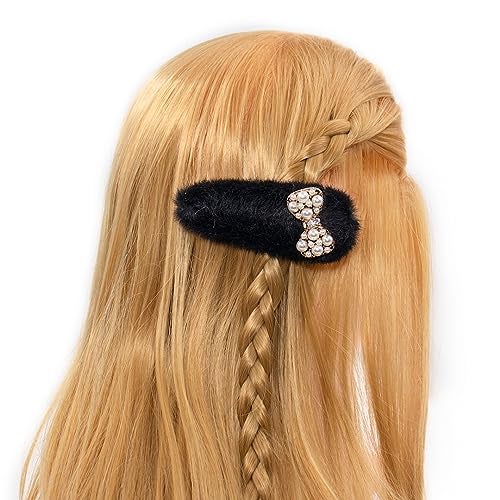 surell Faux Fur Hair Clip with Bling Pearl Bow - Unique Hair Accessory for All Hair Types - Cute Bow Shaped Fashion Barrette - Black - Image 3