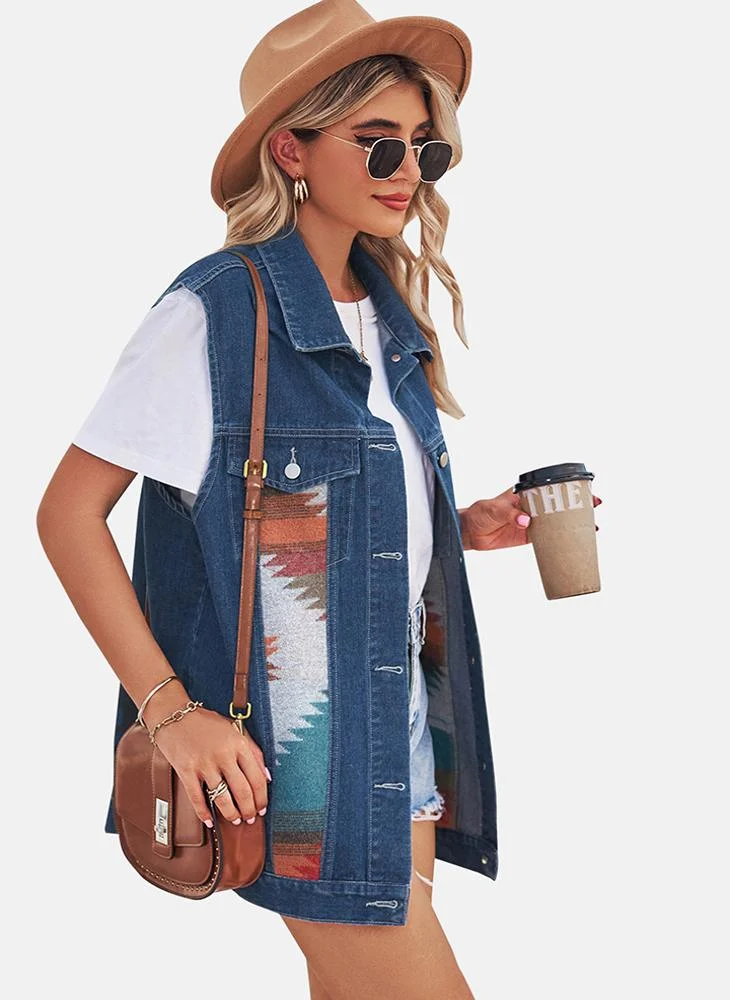 YUNIQEE Blue Printed Regular Fit Sleeveless Denim Jacket