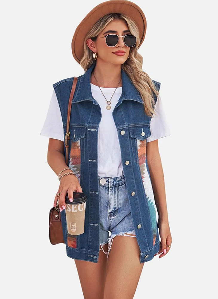 YUNIQEE Blue Printed Regular Fit Sleeveless Denim Jacket