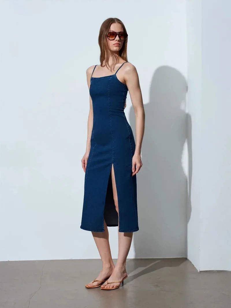 Dilvin Dilvin Women's Sleeveless Bodycon Midi Denim Dress