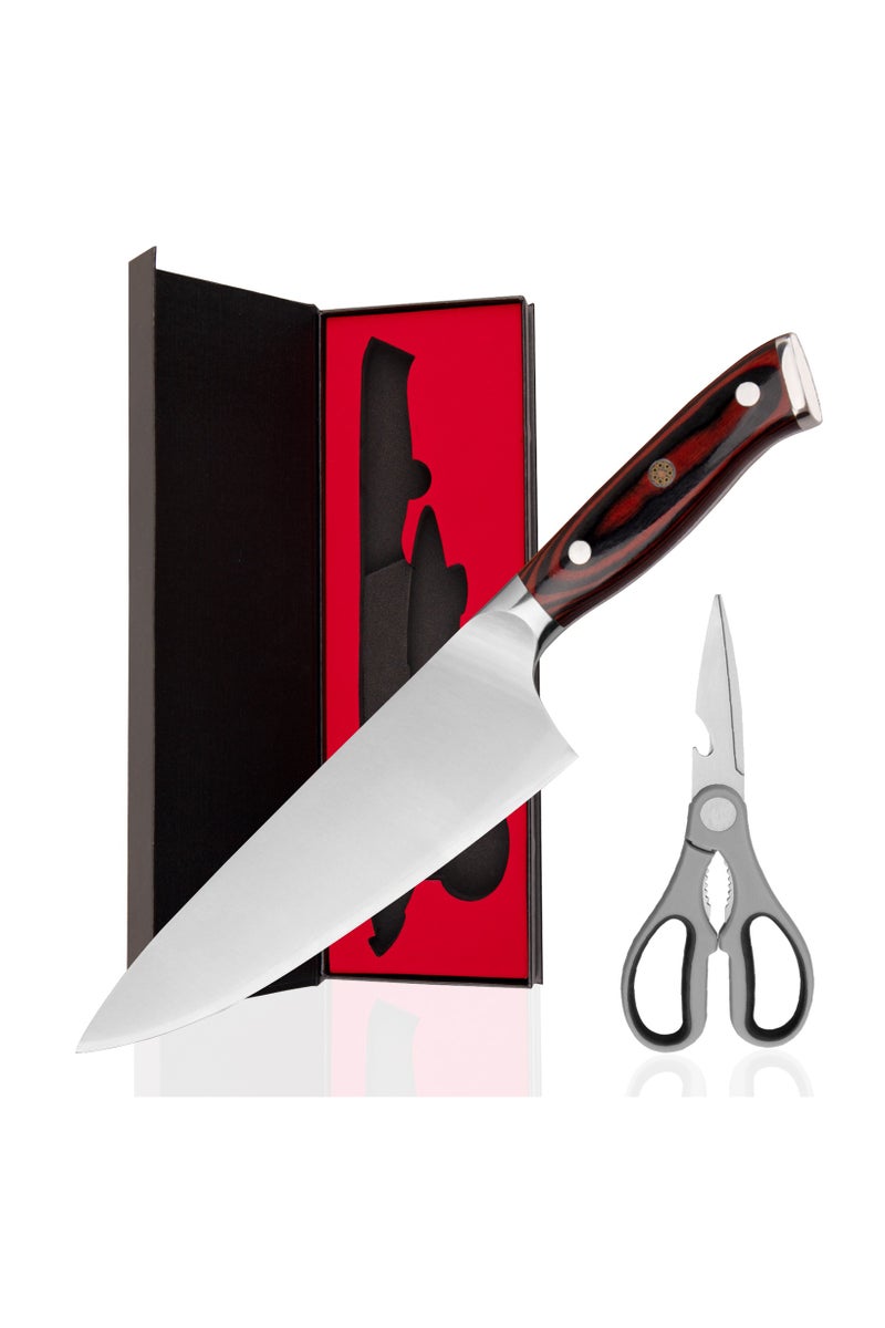 فوك سكين شيف 8 بوصة، نصل من قلب AUS10، مقبض من خشب الباكا الفاخر مع مقص مطبخ من الفولاذ المقاوم للصدأ عالي الكربون. مثالية للطبخ، التقطيع، التقسيم، التقطيع إلى مكعبات، مع صندوق هدايا فاخر. - Image 1