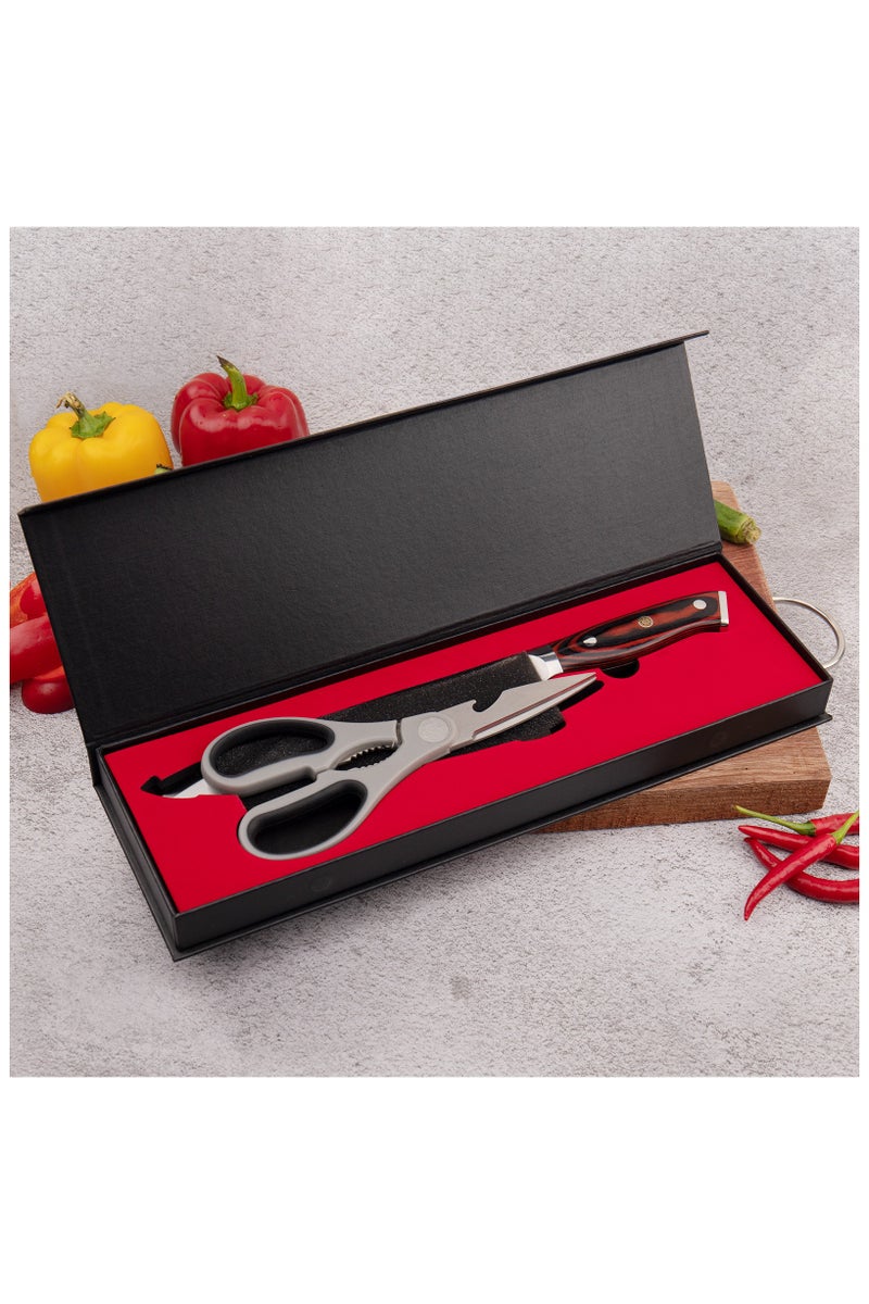 فوك سكين شيف 8 بوصة، نصل من قلب AUS10، مقبض من خشب الباكا الفاخر مع مقص مطبخ من الفولاذ المقاوم للصدأ عالي الكربون. مثالية للطبخ، التقطيع، التقسيم، التقطيع إلى مكعبات، مع صندوق هدايا فاخر. - Image 5