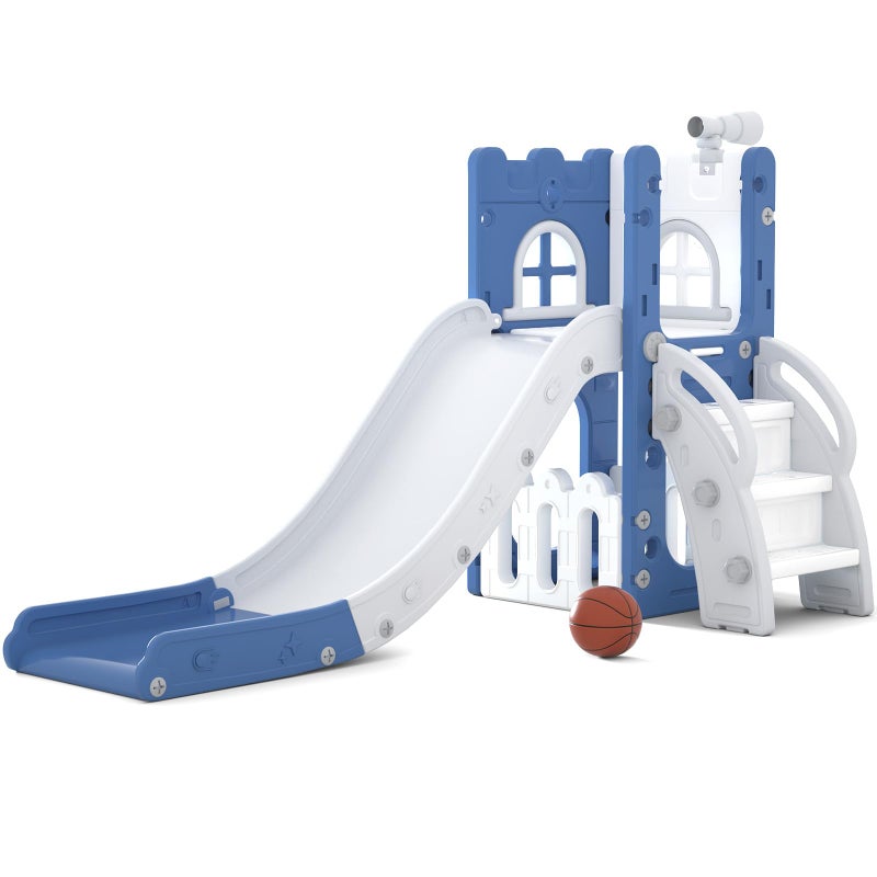 LulliSpace 6 in 1 Toddler Slide for Toddler&Kids,Kids Climber Slider for Indoor Outdoor Playground with Storage,Telescope,Basketball Hoop and L Shaped Slide for Toddler Climber Playset,Blue - Image 1