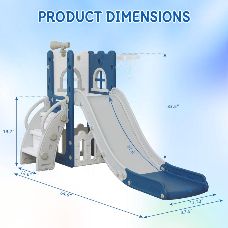 LulliSpace 6 in 1 Toddler Slide for Toddler&Kids,Kids Climber Slider for Indoor Outdoor Playground with Storage,Telescope,Basketball Hoop and L Shaped Slide for Toddler Climber Playset,Blue - Image 3