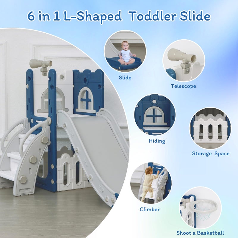 LulliSpace 6 in 1 Toddler Slide for Toddler&Kids,Kids Climber Slider for Indoor Outdoor Playground with Storage,Telescope,Basketball Hoop and L Shaped Slide for Toddler Climber Playset,Blue - Image 4