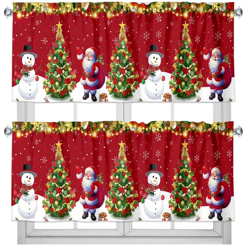 GlikCeil 2 Pack Christmas Valance Curtains for Windows Snowman Santa Valances Red Xmas Tree Lights Rod Pocket Short Curtains Window Treatment for Christmas Kitchen Window Decor 54 x 18 Inch - Image 2