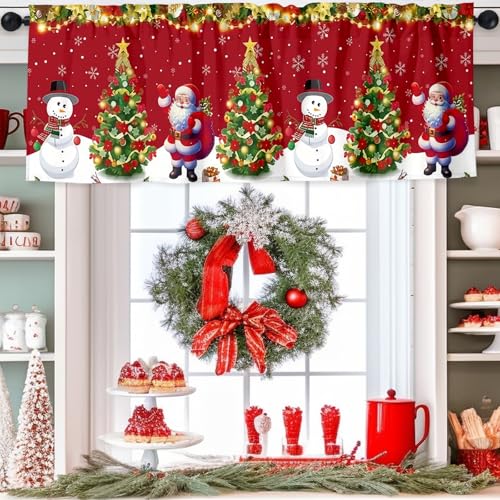 GlikCeil 2 Pack Christmas Valance Curtains for Windows Snowman Santa Valances Red Xmas Tree Lights Rod Pocket Short Curtains Window Treatment for Christmas Kitchen Window Decor 54 x 18 Inch - Image 3