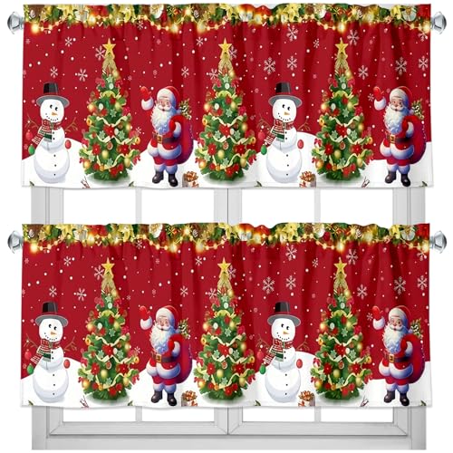 GlikCeil 2 Pack Christmas Valance Curtains for Windows Snowman Santa Valances Red Xmas Tree Lights Rod Pocket Short Curtains Window Treatment for Christmas Kitchen Window Decor 54 x 18 Inch - Image 1