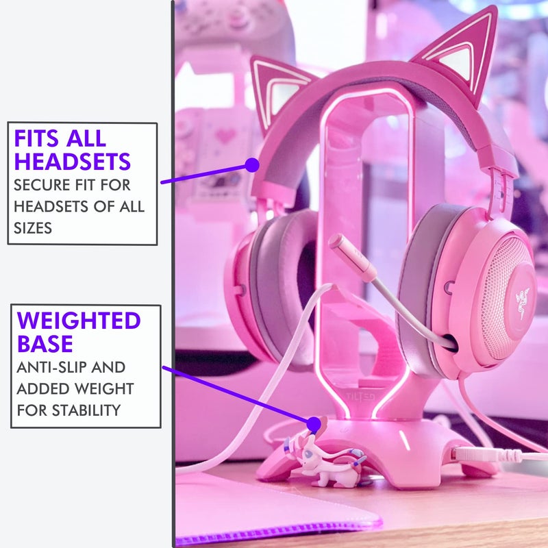 Tilted Nation Cute Headphone Stand Pink | Headset Stand with RGB, Mouse Bungee Holder, and 2 Port USB Hub Charger - Desk Gaming Accessories - Image 3