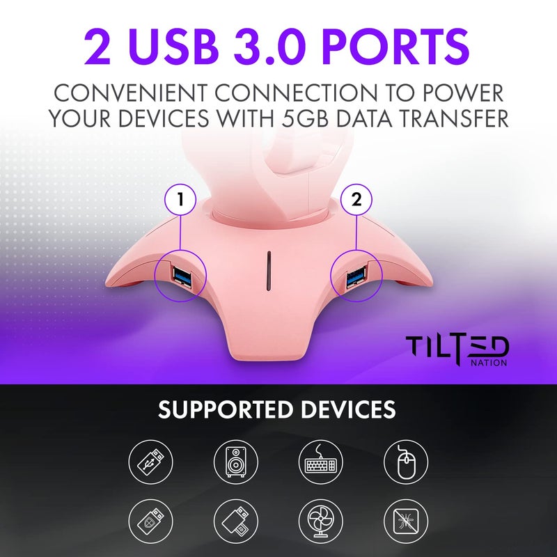 Tilted Nation Cute Headphone Stand Pink | Headset Stand with RGB, Mouse Bungee Holder, and 2 Port USB Hub Charger - Desk Gaming Accessories - Image 5