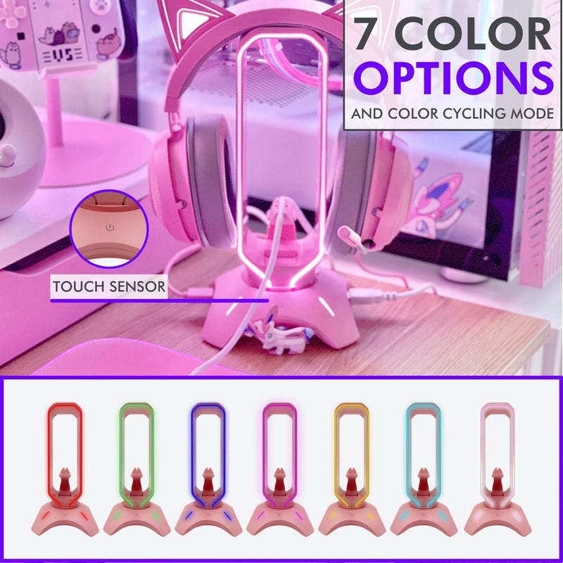 Tilted Nation Cute Headphone Stand Pink | Headset Stand with RGB, Mouse Bungee Holder, and 2 Port USB Hub Charger - Desk Gaming Accessories - Image 4