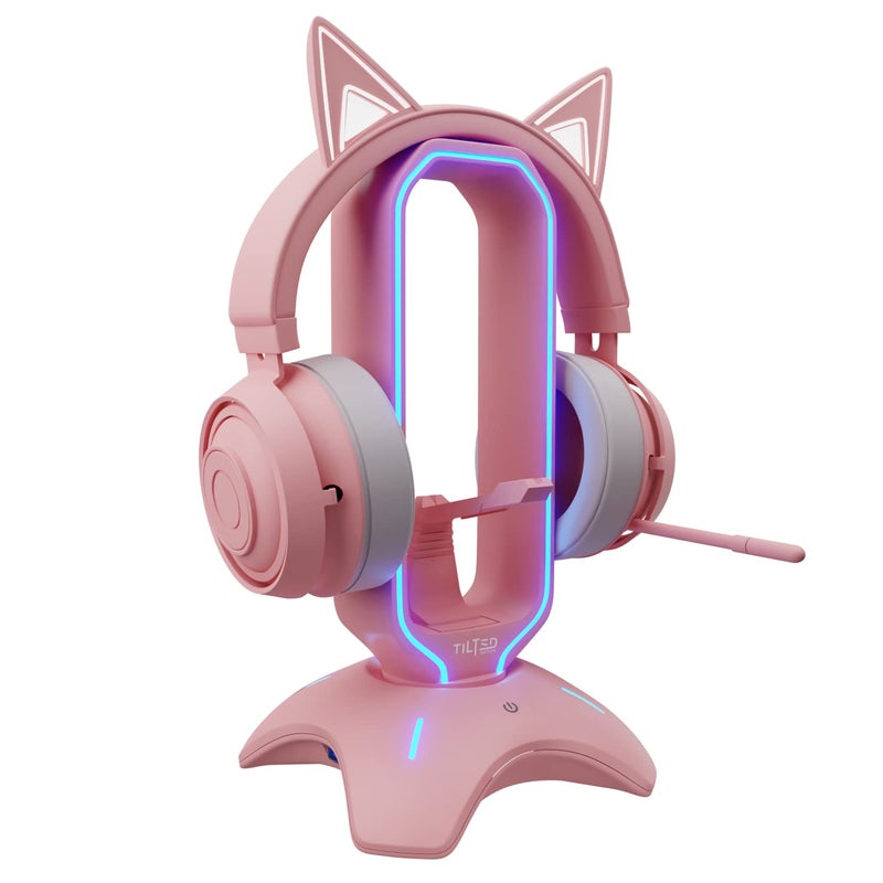 Tilted Nation Cute Headphone Stand Pink | Headset Stand with RGB, Mouse Bungee Holder, and 2 Port USB Hub Charger - Desk Gaming Accessories - Image 1