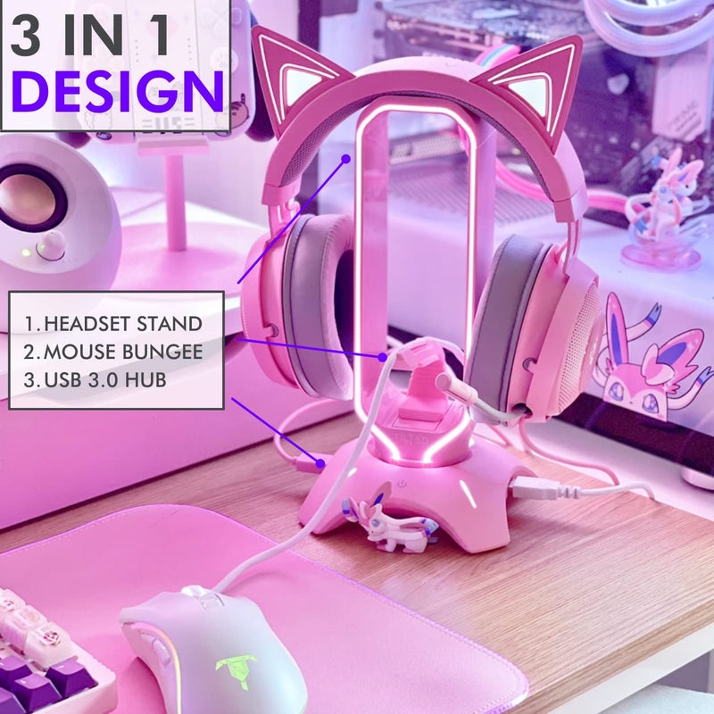 Tilted Nation Cute Headphone Stand Pink | Headset Stand with RGB, Mouse Bungee Holder, and 2 Port USB Hub Charger - Desk Gaming Accessories - Image 2