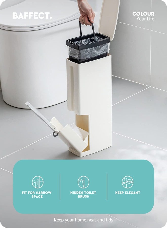 Baffect 2 Liter White Slim Bathroom Trash Can with Lid and Toilet Brush Holder - Image 2