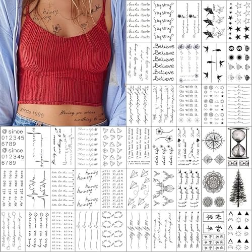 Everjoy Realistic Tiny Temporary Tattoos - 400+ Patterns, 60 Pcs Inspirational Quotes, Words, Lines, Flowers, Leaves, Artworks, Message Tattoos for Women, Men and Adults - Image 1