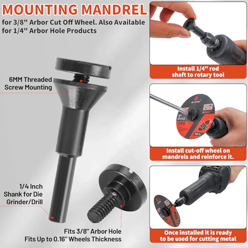 SI FANG 25Pcs 3 inch Cut Off Wheels with 1/4 in Mounting Mandrel Kit for Die Grinder, 3/8" Arbor Cutting Wheel with Pouch for Metal & Stainless Steel Rotary Tool Drill Attachment Cutter Discs - Image 3