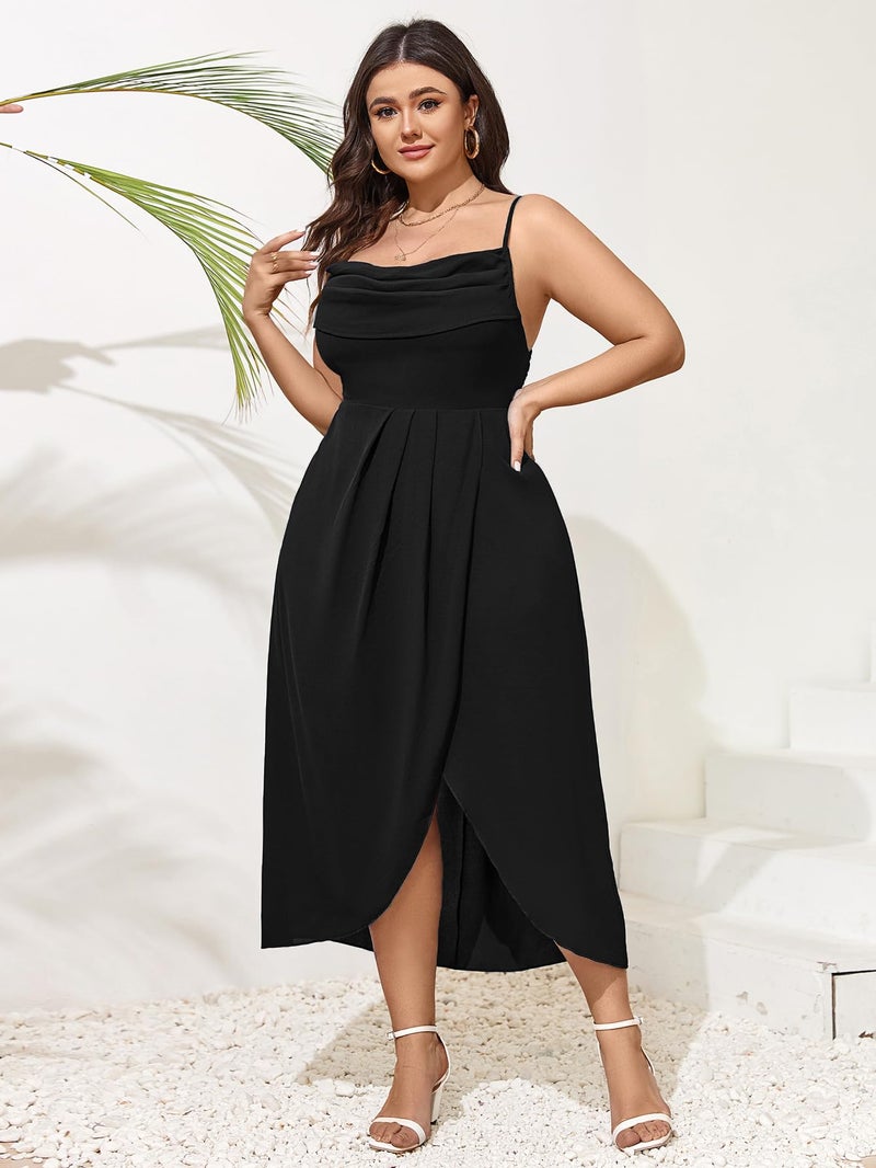 SCOMCHIC Women's Plus Size Dress Sleeveless Spaghetti Strap Cowl Neck Wrap Party Cocktail Cami Dress Black 2XL - Image 2