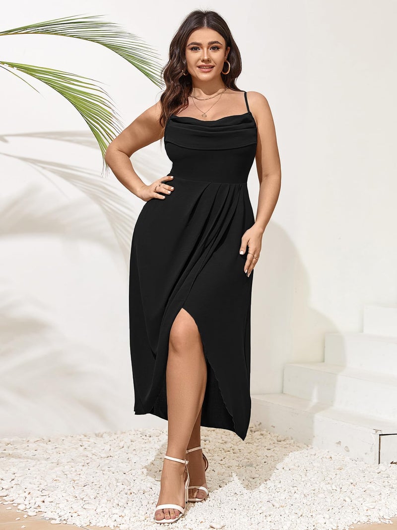 SCOMCHIC Women's Plus Size Dress Sleeveless Spaghetti Strap Cowl Neck Wrap Party Cocktail Cami Dress Black 2XL - Image 4