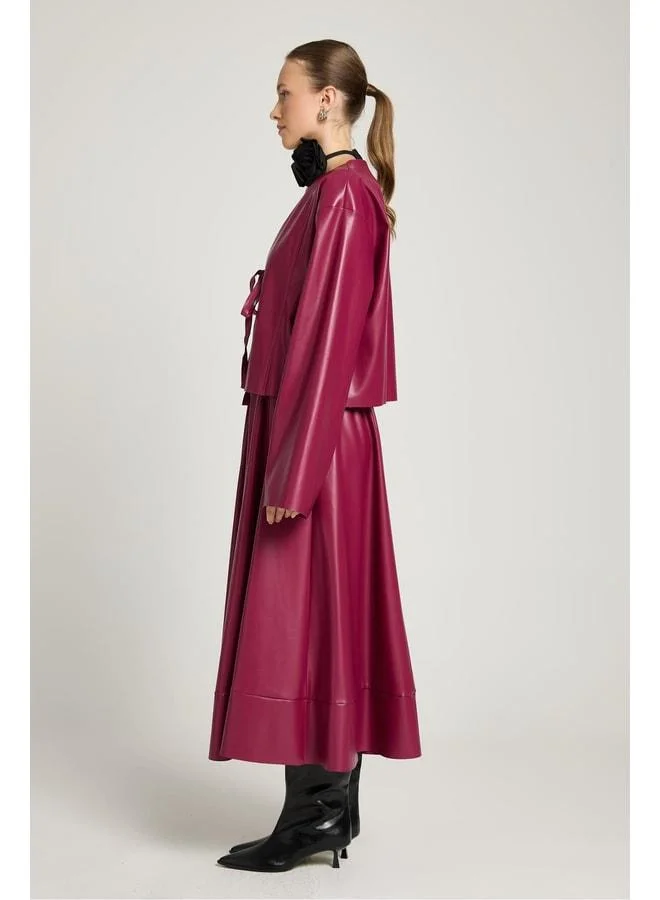 mina aise Burgundy Leather Front Tie Short Jacket Kimono 30023.
