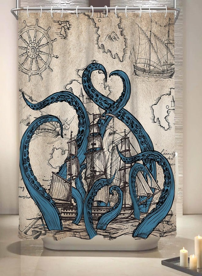 Coxila Vintage Octopus Shower Curtain Long Wide Retro Funny Nautical Monster Ocean Fun Kraken Anime Pirate Map Sea Sailboat Ship Boys Kids Mens Bathroom 72 x 72 Inch Polyester Fabric 12 Pack Hooks - Image 2